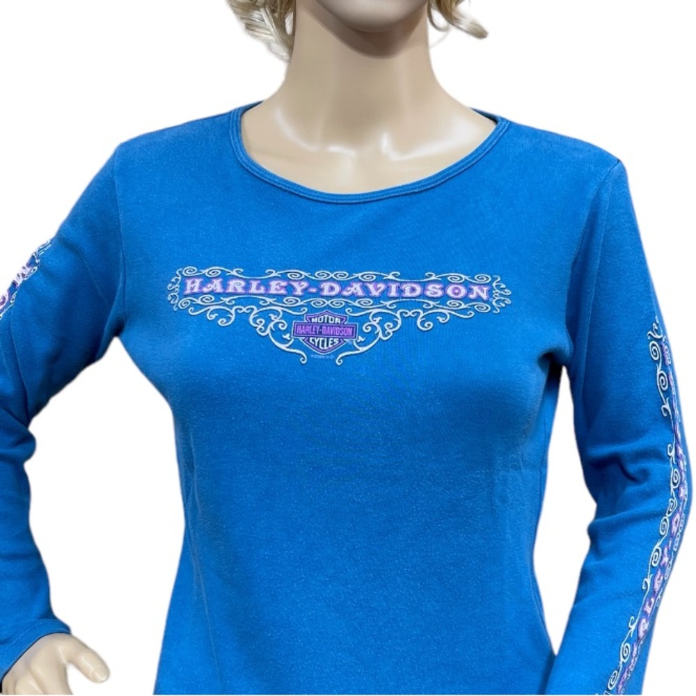 HARLEY-DAVIDSON Women’s Blue Crop Top Long Sleeve Tee Shirt Size Small - Picture 3 of 14